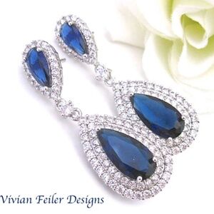 SAPPHIRE BLUE Earrings, Bridal Wedding Vintage Style Fancy Prom Cubic Zirconia